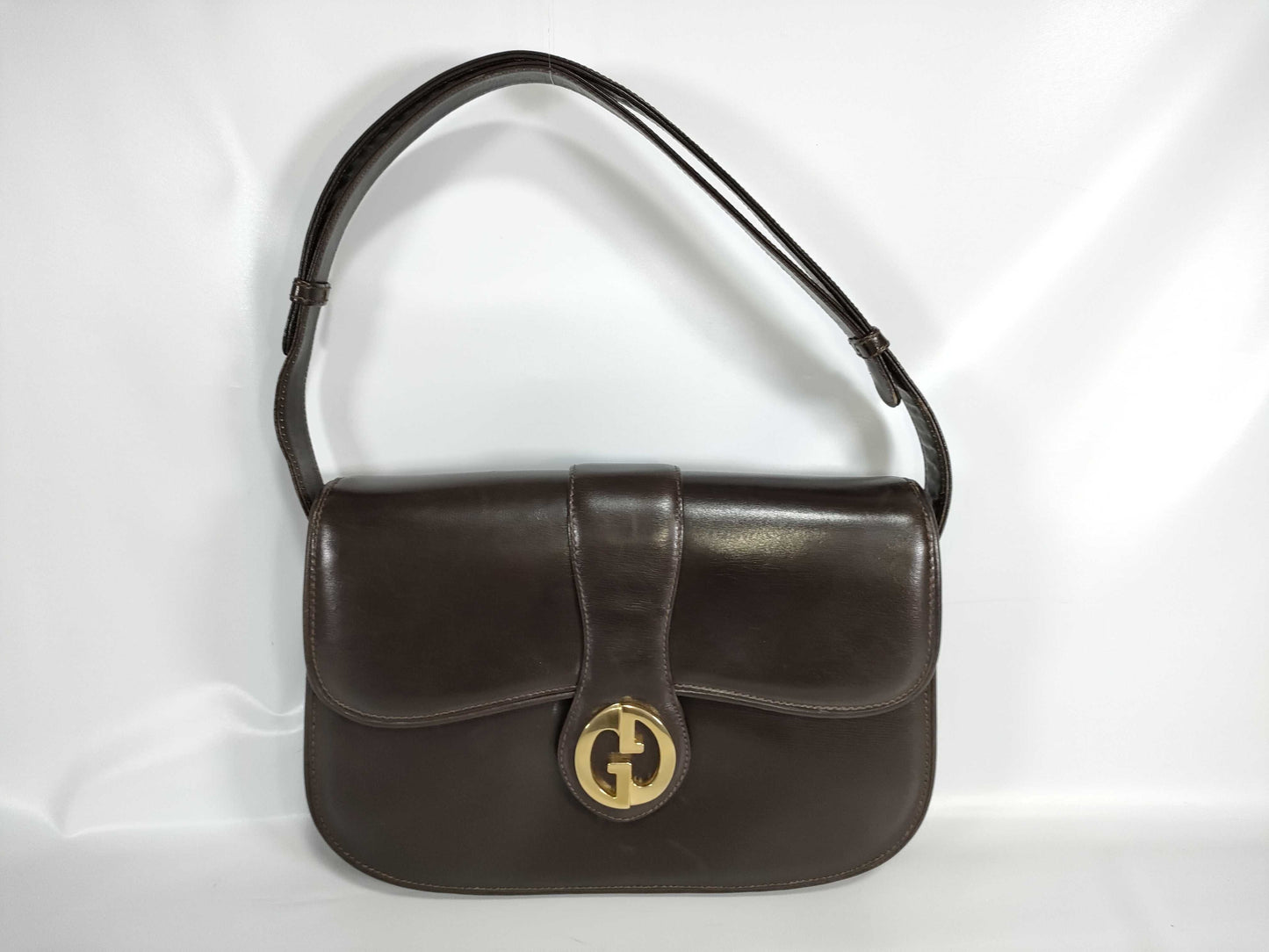 GUCCI Old Gucci Semi-Shoulder Bag with GG Hardware, Vintage Calfskin Leather, Dark Brown Shoulder Bag