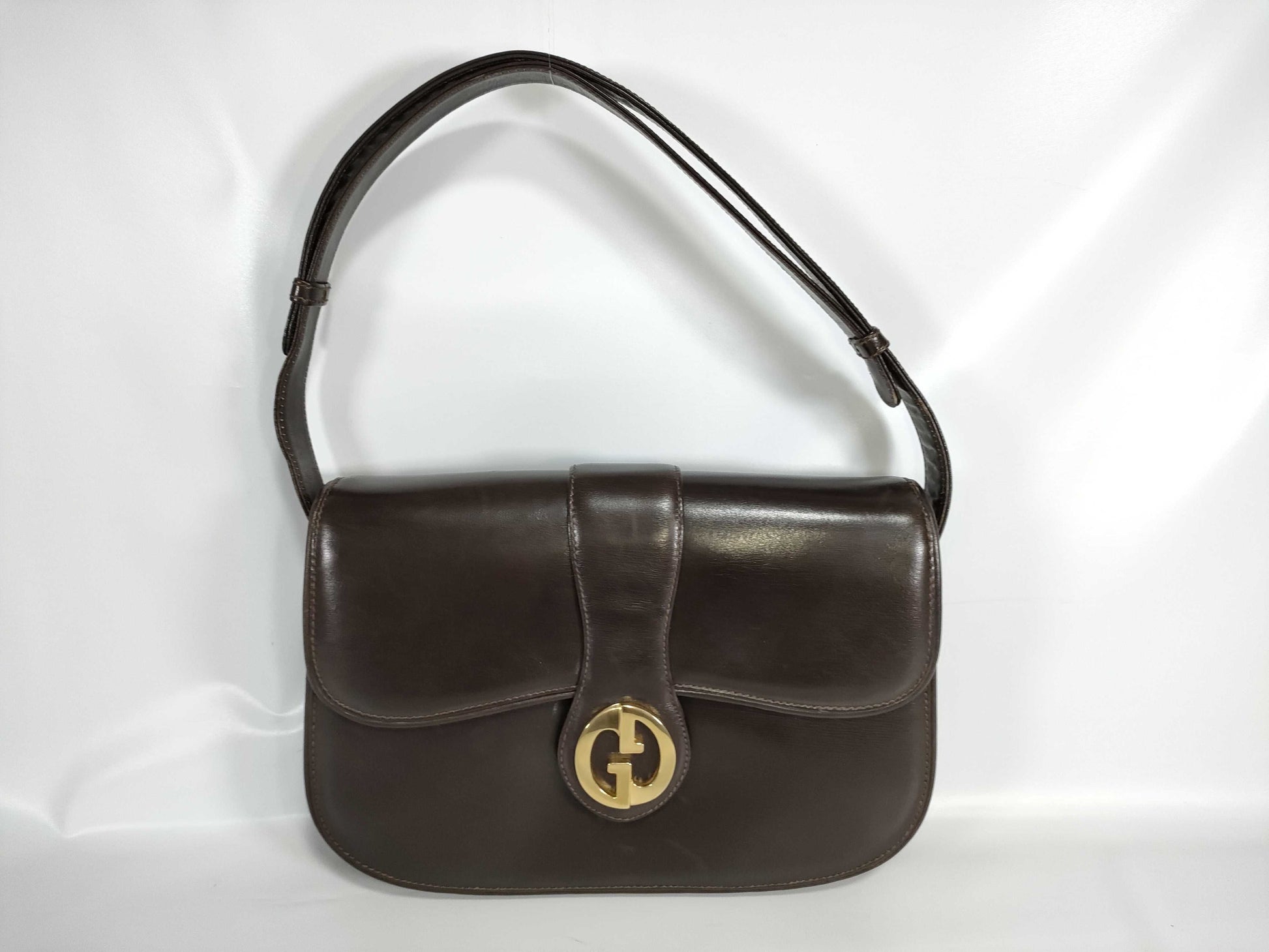 GUCCI Old Gucci Semi-Shoulder Bag with GG Hardware, Vintage Calfskin Leather, Dark Brown Shoulder Bag