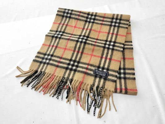 Burberrys Fringe Scarf, Nova Check, Made in England, 100% Cashmere, Beige