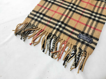 Burberrys Fringe Scarf, Nova Check, Made in England, 100% Cashmere, Beige