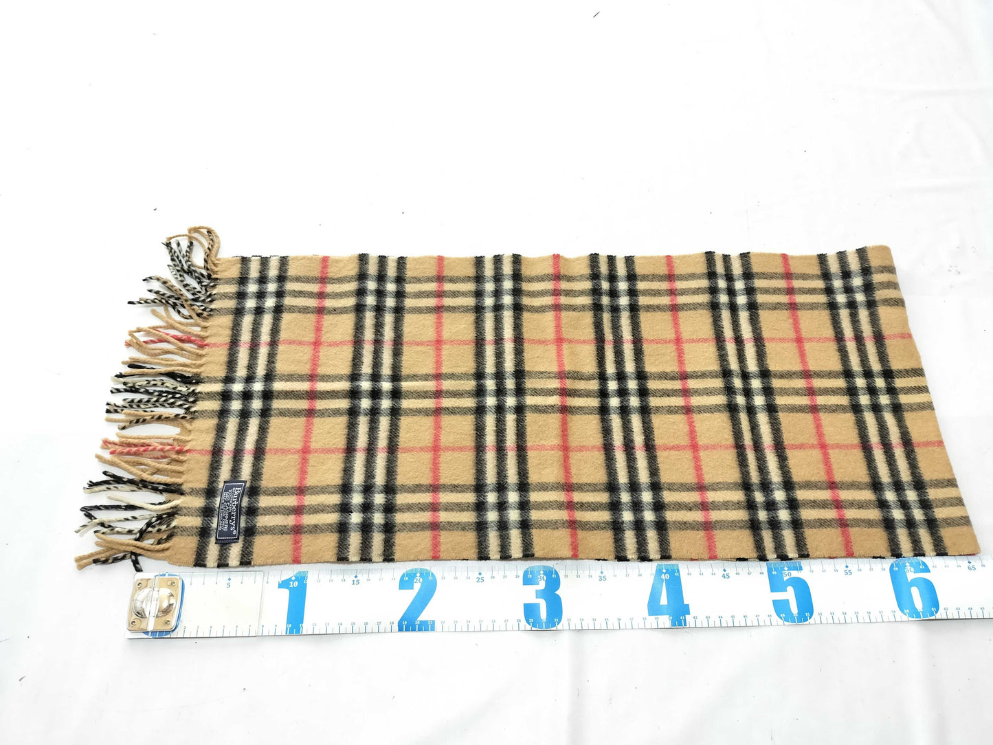 Burberrys Fringe Scarf, Nova Check, Made in England, 100% Cashmere, Beige