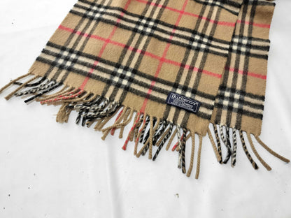 Burberrys Fringe Scarf, Nova Check, Made in England, 100% Cashmere, Beige