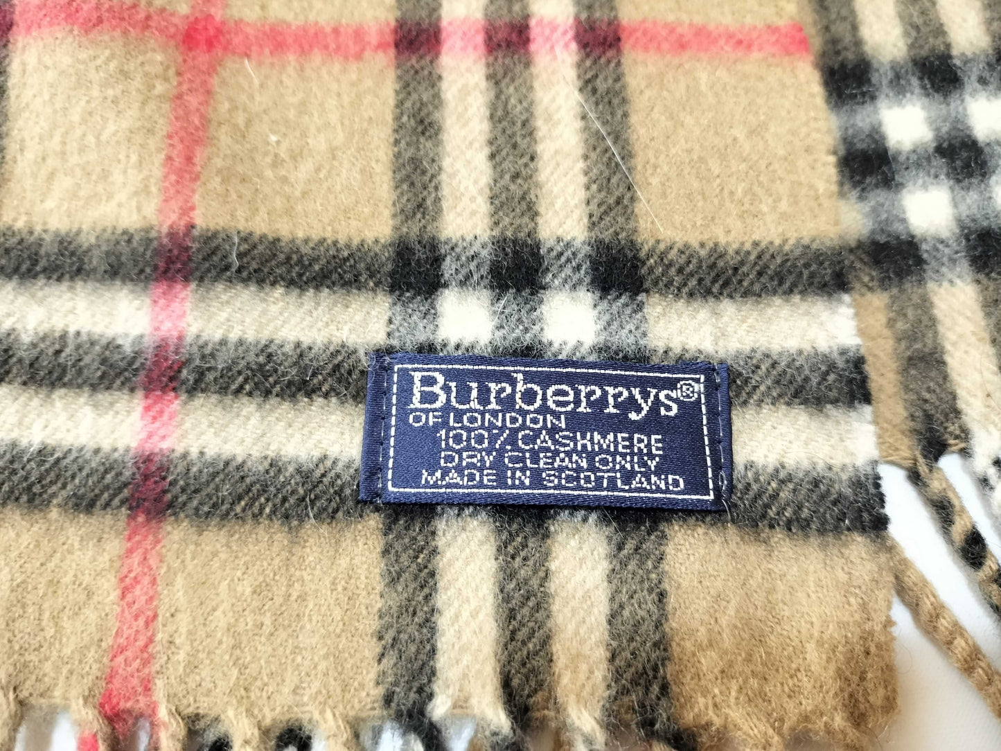 Burberrys Fringe Scarf, Nova Check, Made in England, 100% Cashmere, Beige