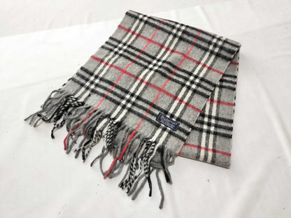 Burberrys Fringe Scarf, Nova Check, Made in England, 100% Cashmere, Gray Scarf