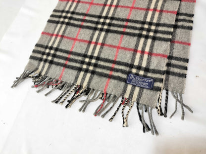 Burberrys Fringe Scarf, Nova Check, Made in England, 100% Cashmere, Gray Scarf