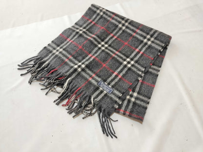 Burberrys Fringe Scarf, Nova Check, Made in England, 100% Cashmere, Dark Gray Scarf