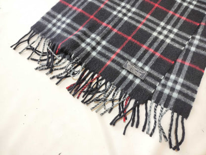 Burberrys Fringe Scarf, Nova Check, Made in England, 100% Cashmere, Navy