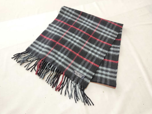 Burberrys Fringe Scarf, Nova Check, Made in England, 100% Cashmere, Navy