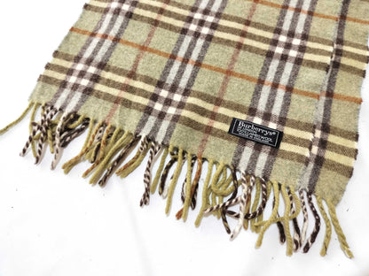 Burberrys Fringe Scarf, Nova Check, Made in England, 100% Lambswool, Green Scarf