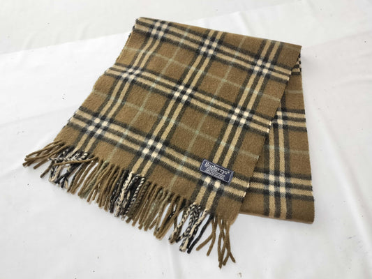 Burberrys Fringe Scarf, Nova Check, Made in England, 100% Cashmere, Olive