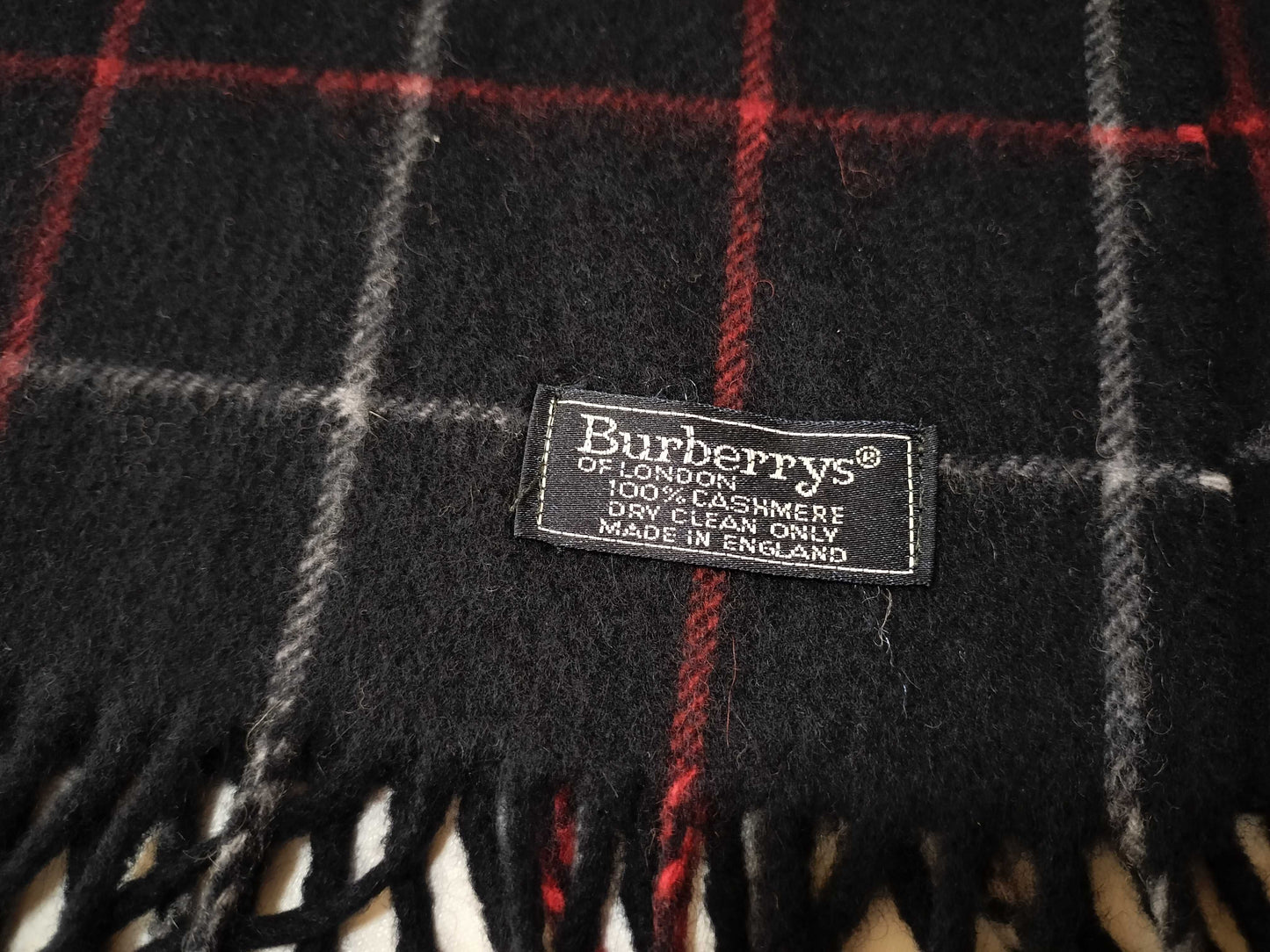 Burberrys Fringe Scarf, Graph Check, Made in England, 100% Cashmere, Navy