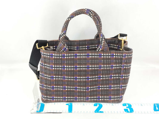 PRADA Prada Canapa Check Canvas Bag in Blue and Brown with Gold Triangle Logo, 2-Way Handbag/Shoulder Bag