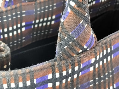 PRADA Prada Canapa Check Canvas Bag in Blue and Brown with Gold Triangle Logo, 2-Way Handbag/Shoulder Bag