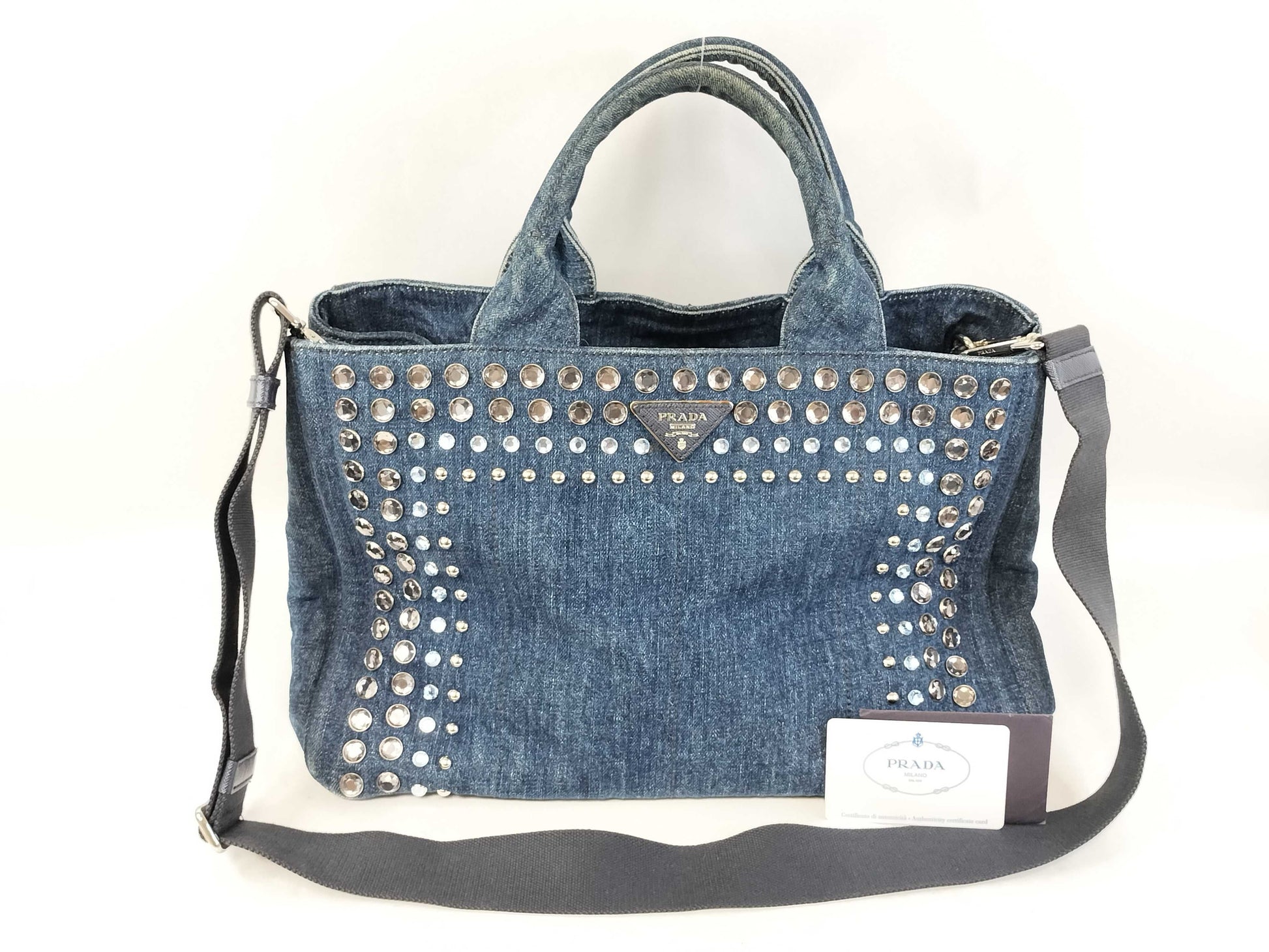 PRADA Prada Canapa Denim Rhinestone Beaded Blue 2-Way Handbag/Shoulder Bag