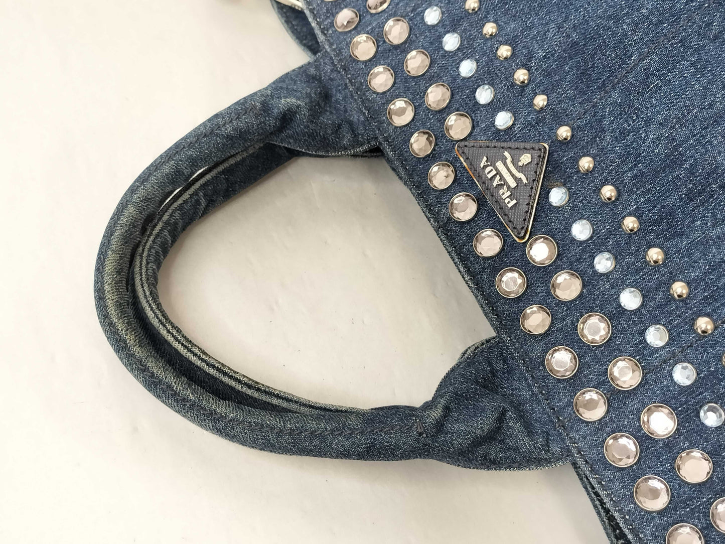 PRADA Prada Canapa Denim Rhinestone Beaded Blue 2-Way Handbag/Shoulder Bag
