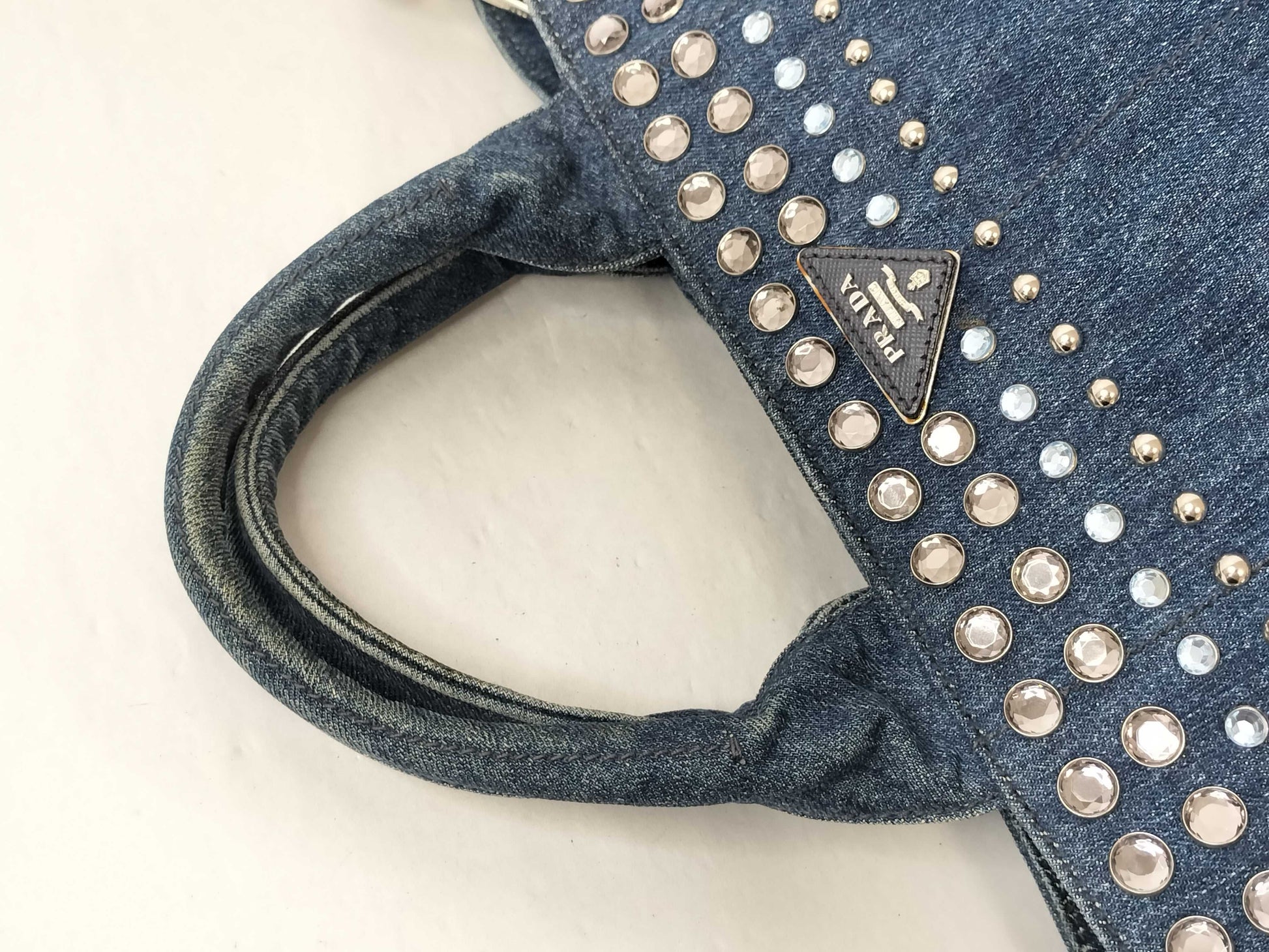 PRADA Prada Canapa Denim Rhinestone Beaded Blue 2-Way Handbag/Shoulder Bag