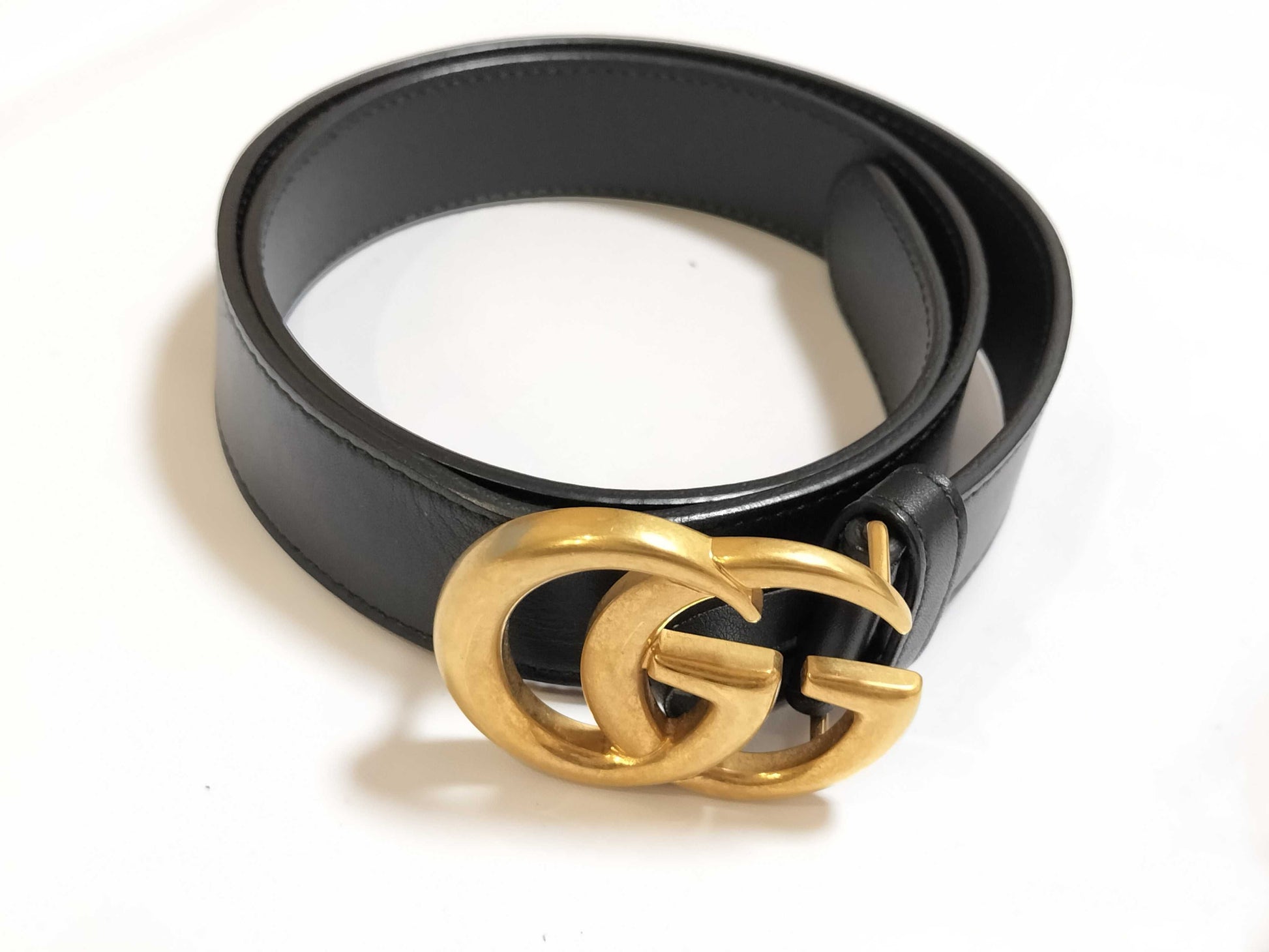 GUCCI 414516 GG Buckle Gold Black Leather Belt Size 75 Accessory