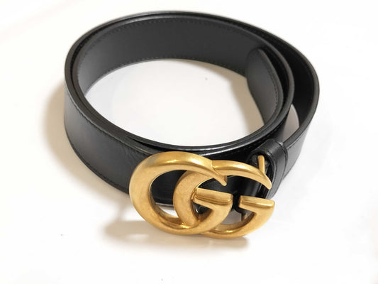 GUCCI 414516 GG Buckle Gold Black Leather Belt Size 75 Accessory