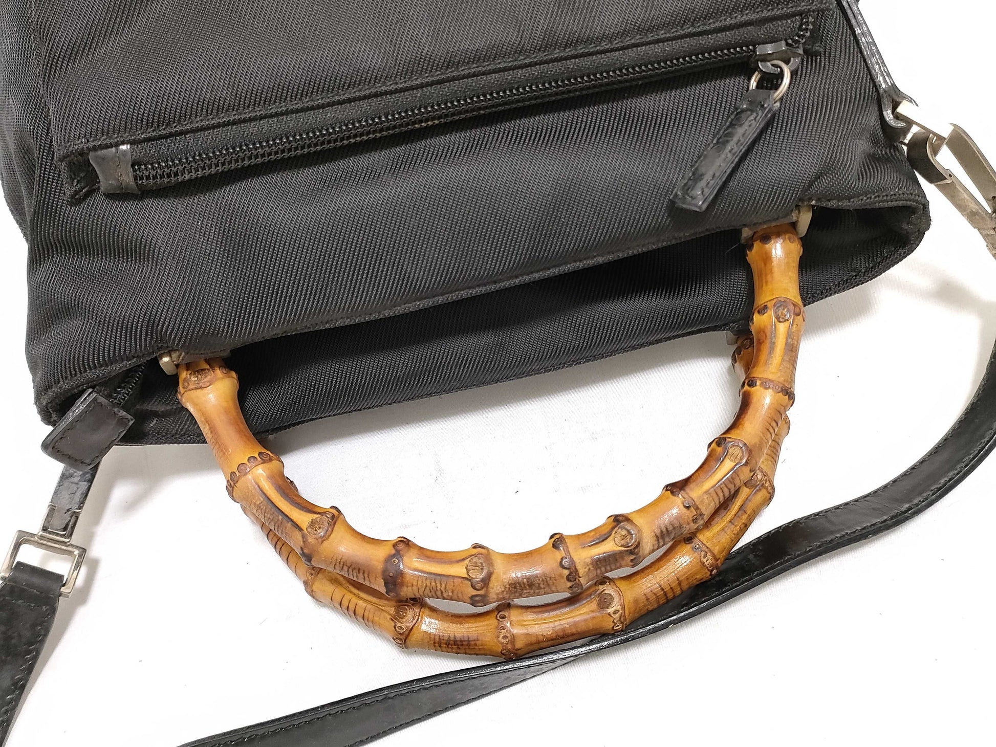 GUCCI Bamboo Shoulder Handbag in Nylon, Black, Z6391