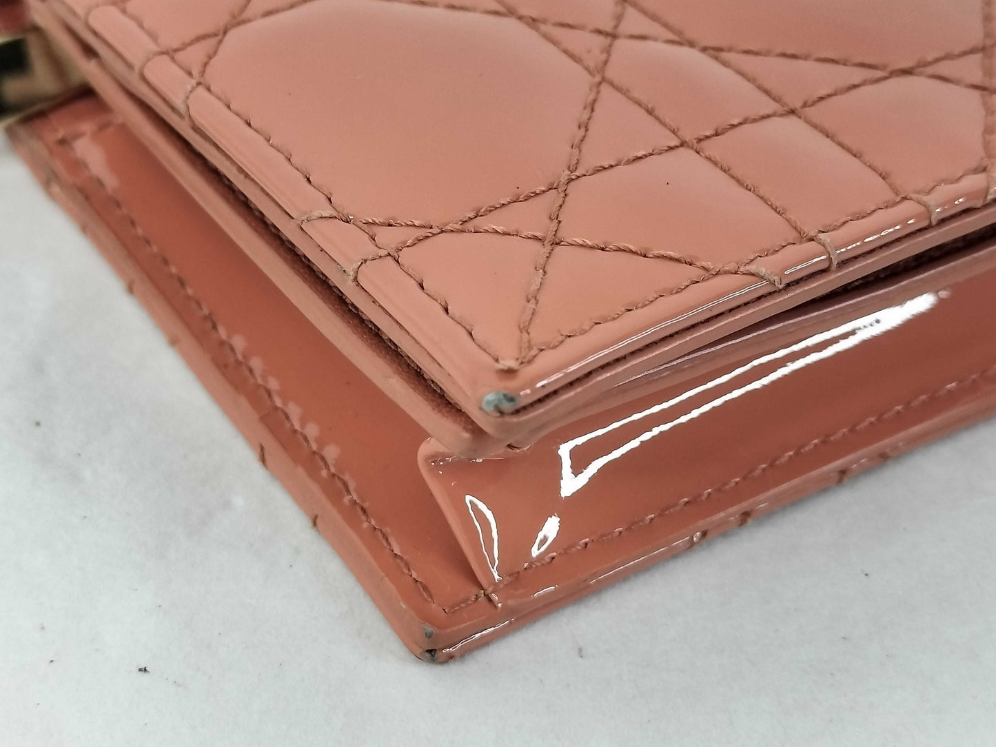 Dior Cannage Compact Wallet, Patent Leather, Salmon Pink