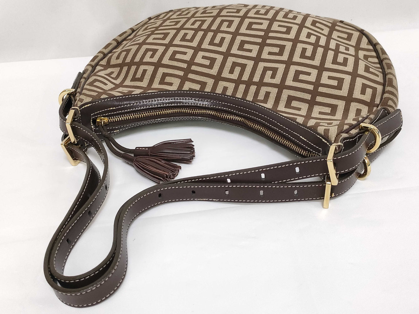 GIVENCHY Canvas Logo Print Double Strap Fringe Shoulder Bag