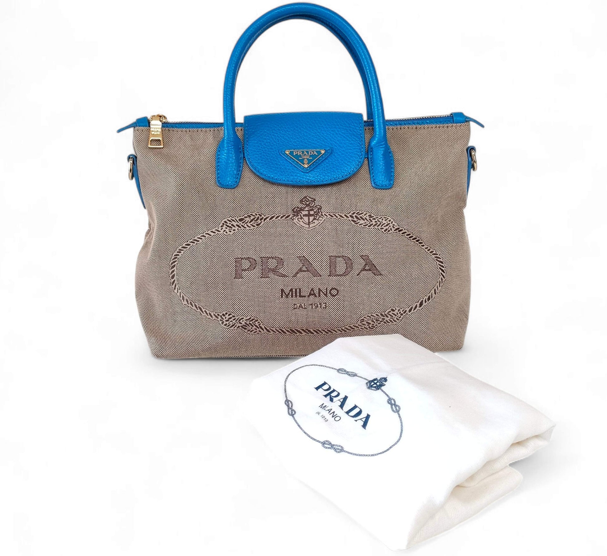 PRADA Blue Leather Canvas Jacquard Handbag with Gold Hardware