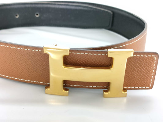 HERMES Constance H-buckle leather belt with 〇Y markings, black and brown.