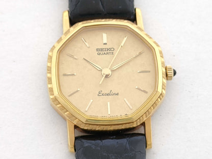 SEIKO Exceline Model Number 1221-5650 Serial Number 493061 14KT/SS/Leather/QZ Gold Dial Non-Working/No Operational Guarantee Women's Watch