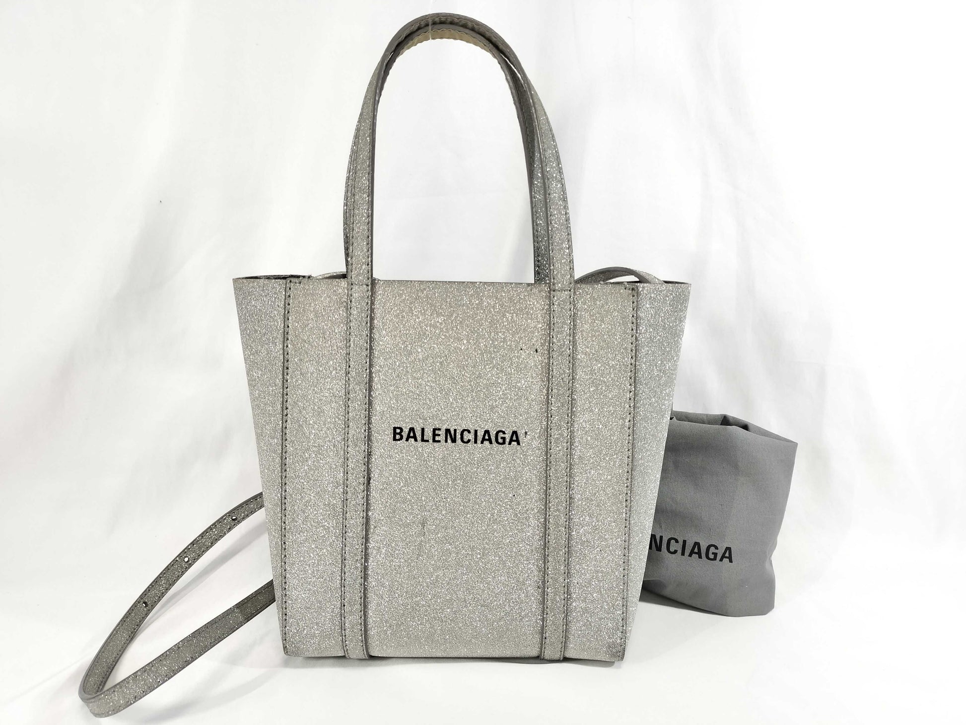 BALENCIAGA Everyday Tote XXS 2-Way Bag, Glitter Leather, Silver, 551815, Bag, Strap, Handbag