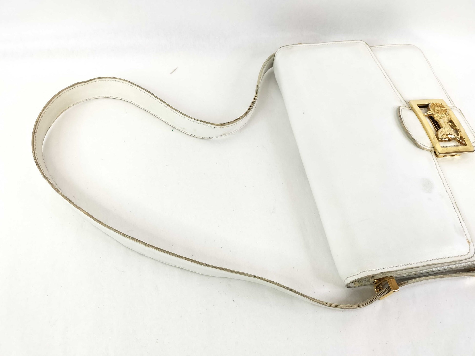 CELINE Shoulder Bag with Carriage Hardware, White Leather Shoulder Bag
