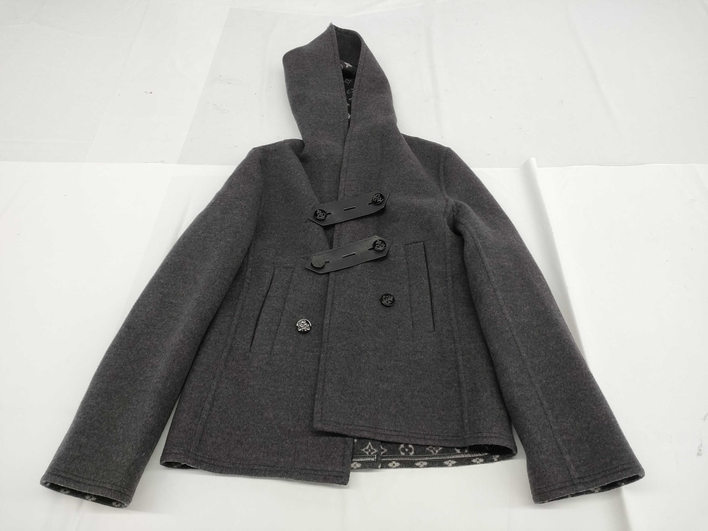 LOUIS VUITTON Wool and Silk Monogram Hoodie Black 34 Coat
