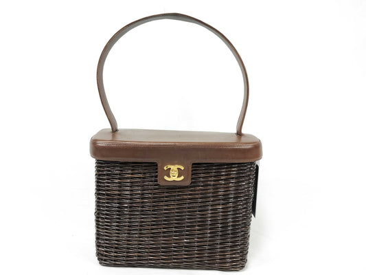 CHANEL Coco Mark Turn Lock Basket Handbag Brown