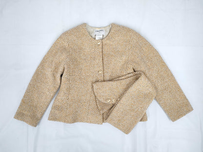 CHANEL 00A No-Collar Tweed Jacket with Stole P16174 Yellow 46