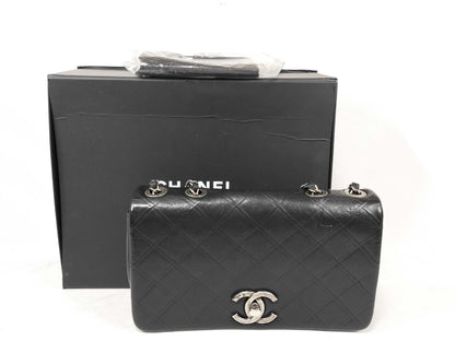CHANEL Calfskin Single Flap Bicolor Chain Shoulder Bag in Black Stainless Steel