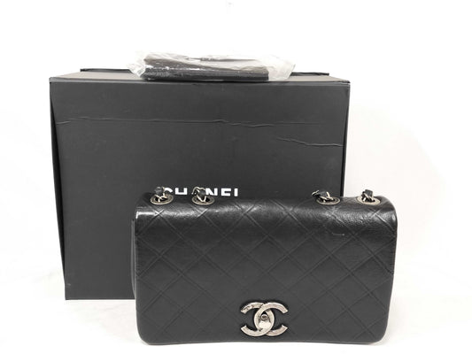CHANEL Calfskin Single Flap Bicolor Chain Shoulder Bag in Black Stainless Steel
