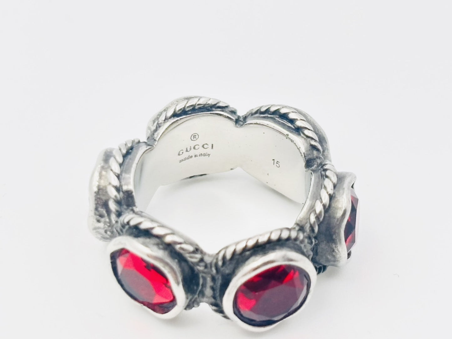GUCCI Interlocking G Swarovski Crystal Color Stone Ring #15 Red x Silver Ring