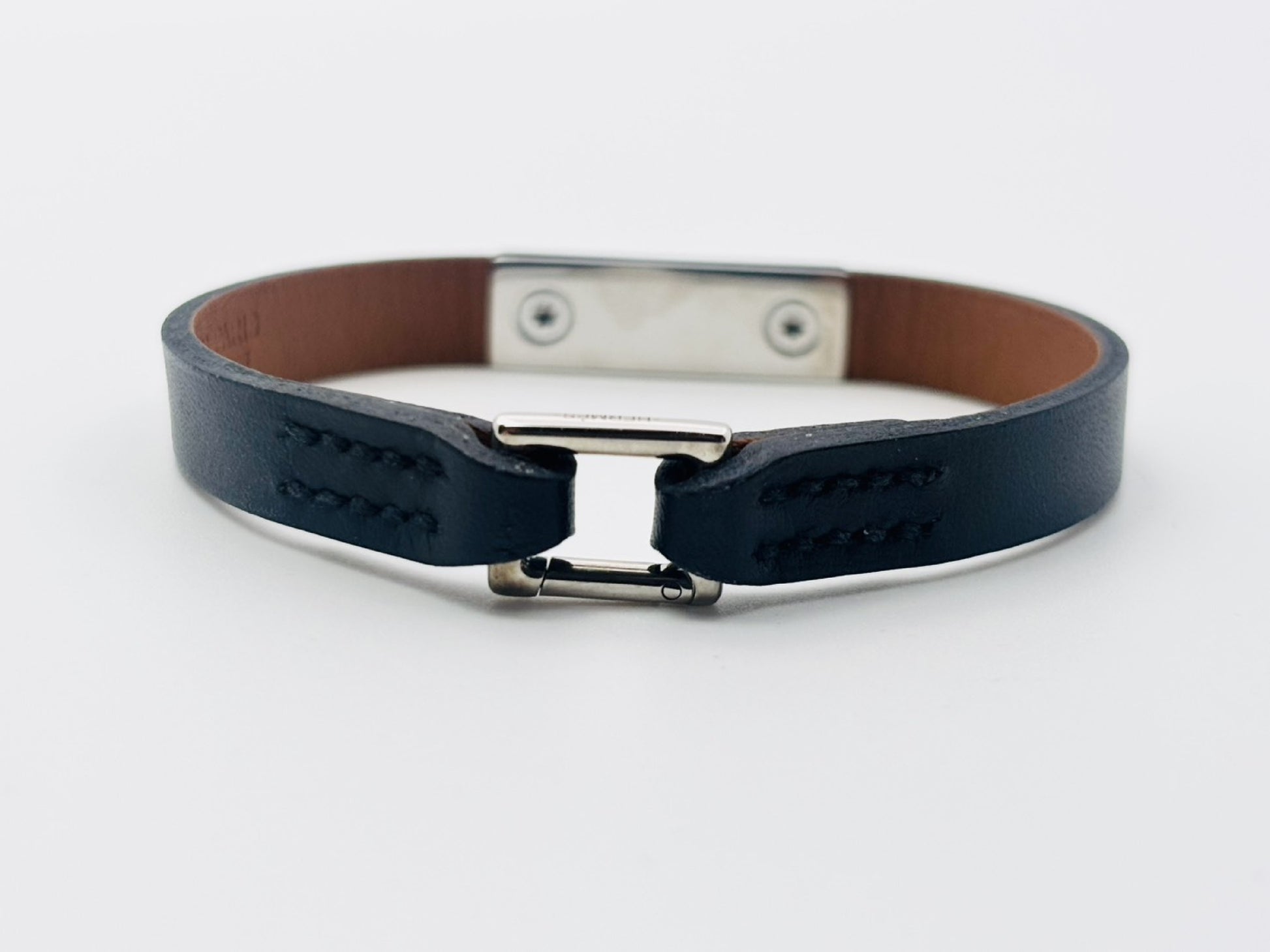 HERMES Microrival Leather Bracelet, □Q Stamp #S, Black/Silver, Bracelet/Bangle