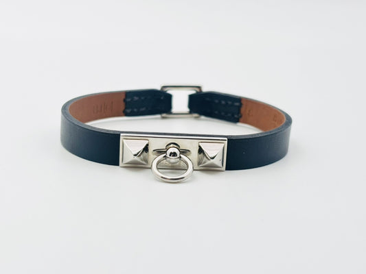 HERMES Microrival Leather Bracelet, □Q Stamp #S, Black/Silver, Bracelet/Bangle