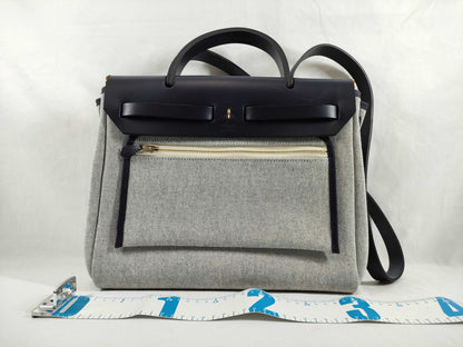 HERMES Airbag Zip PM, Light Gray/Navy, Toile H/Vache Hunter, U Stamp, Shoulder Bag