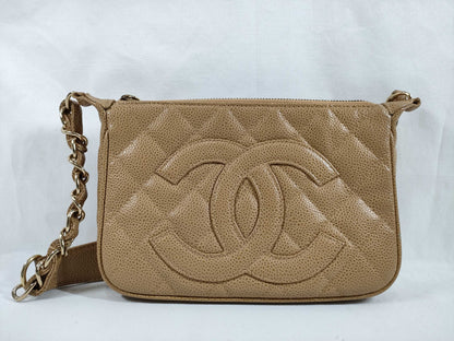 CHANEL CHANEL Matelasse Beige Caviar Leather Shoulder Bag with Gold Hardware and Chain