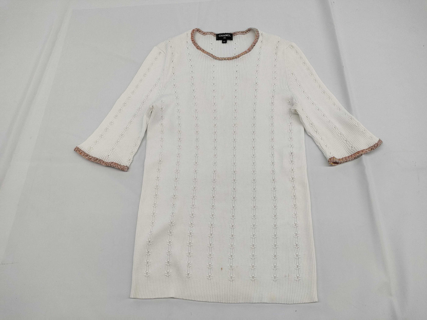 CHANEL Camellia 3/4 Sleeve Knit Cotton White #42 Tops