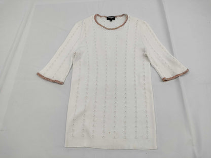 CHANEL Camellia 3/4 Sleeve Knit Cotton White #42 Tops