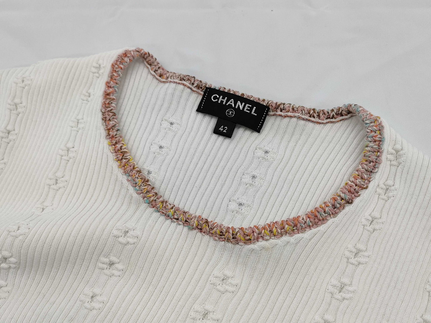 CHANEL Camellia 3/4 Sleeve Knit Cotton White #42 Tops