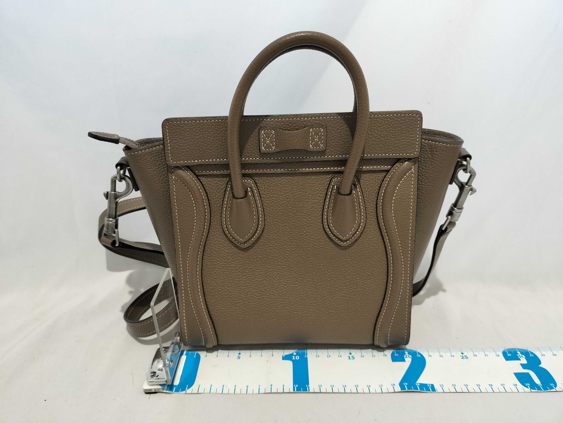 CELINE Drummed Calfskin Fragrance Nano Shopper Leather 2-Way Handbag in Greige with Silver Hardware and Dust Bag. Includes Shoulder Strap.