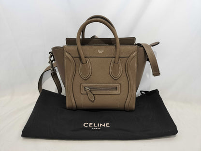 CELINE Drummed Calfskin Fragrance Nano Shopper Leather 2-Way Handbag in Greige with Silver Hardware and Dust Bag. Includes Shoulder Strap.