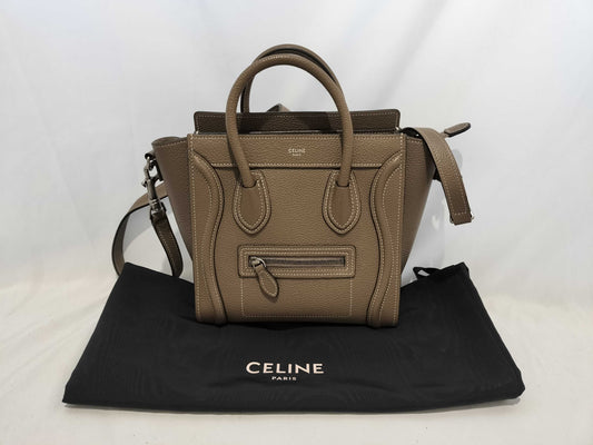 CELINE Drummed Calfskin Fragrance Nano Shopper Leather 2-Way Handbag in Greige with Silver Hardware and Dust Bag. Includes Shoulder Strap.