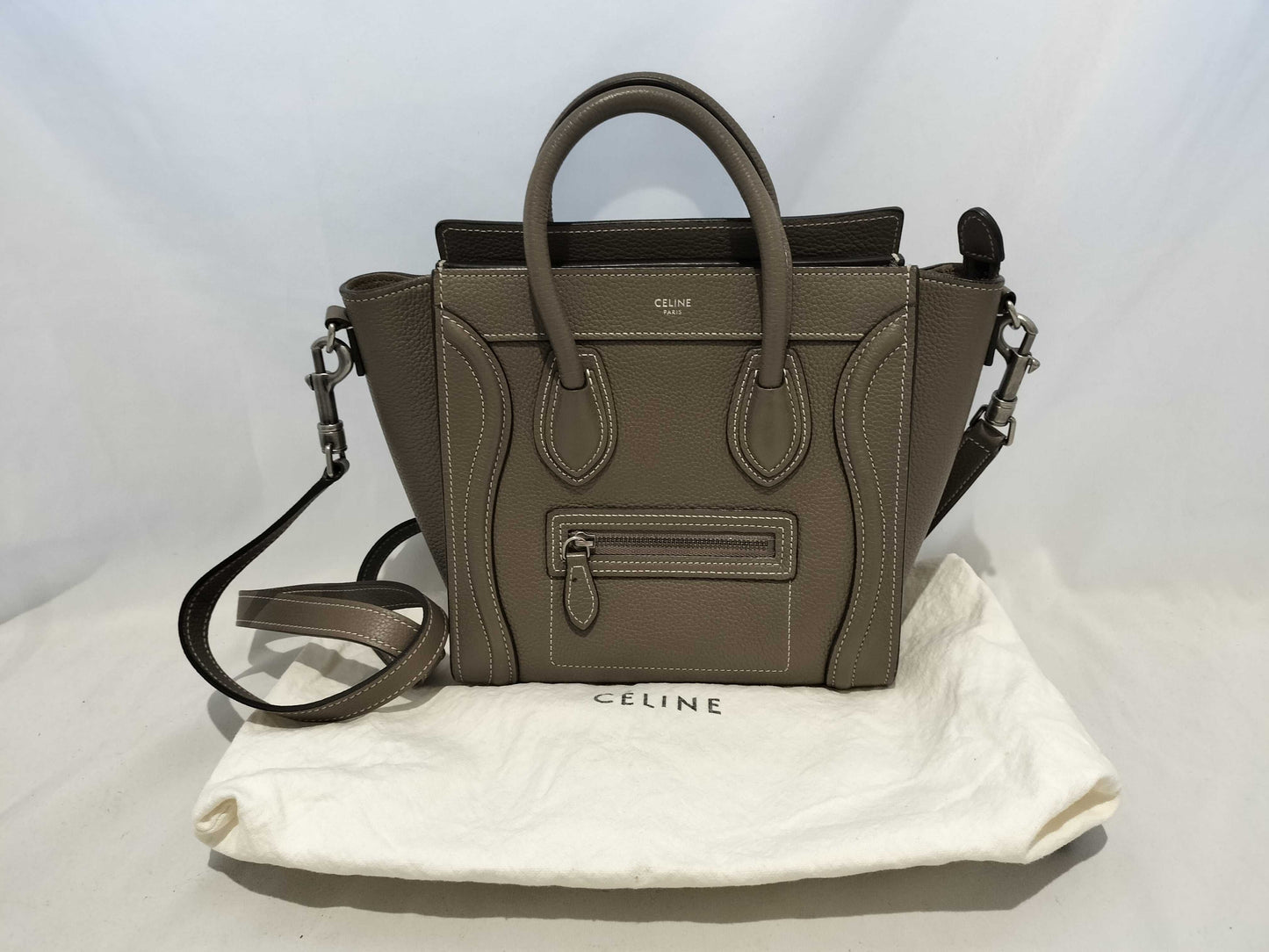 CELINE Luggage Nano Slim Greige Leather Shoulder Bag