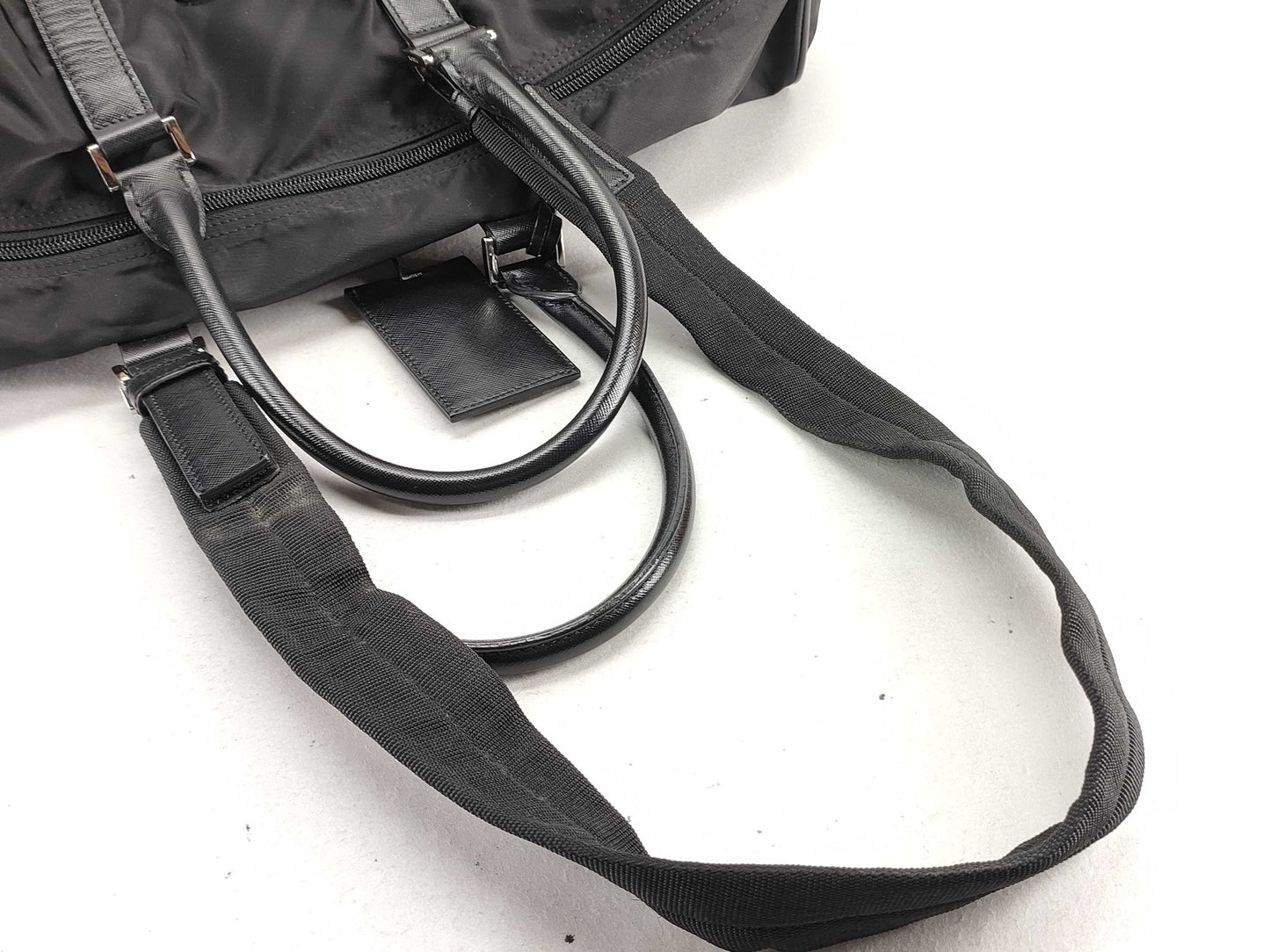 PRADA V20 nylon? 2-way Boston bag with leather triangular plate, black, name tag and padlock.