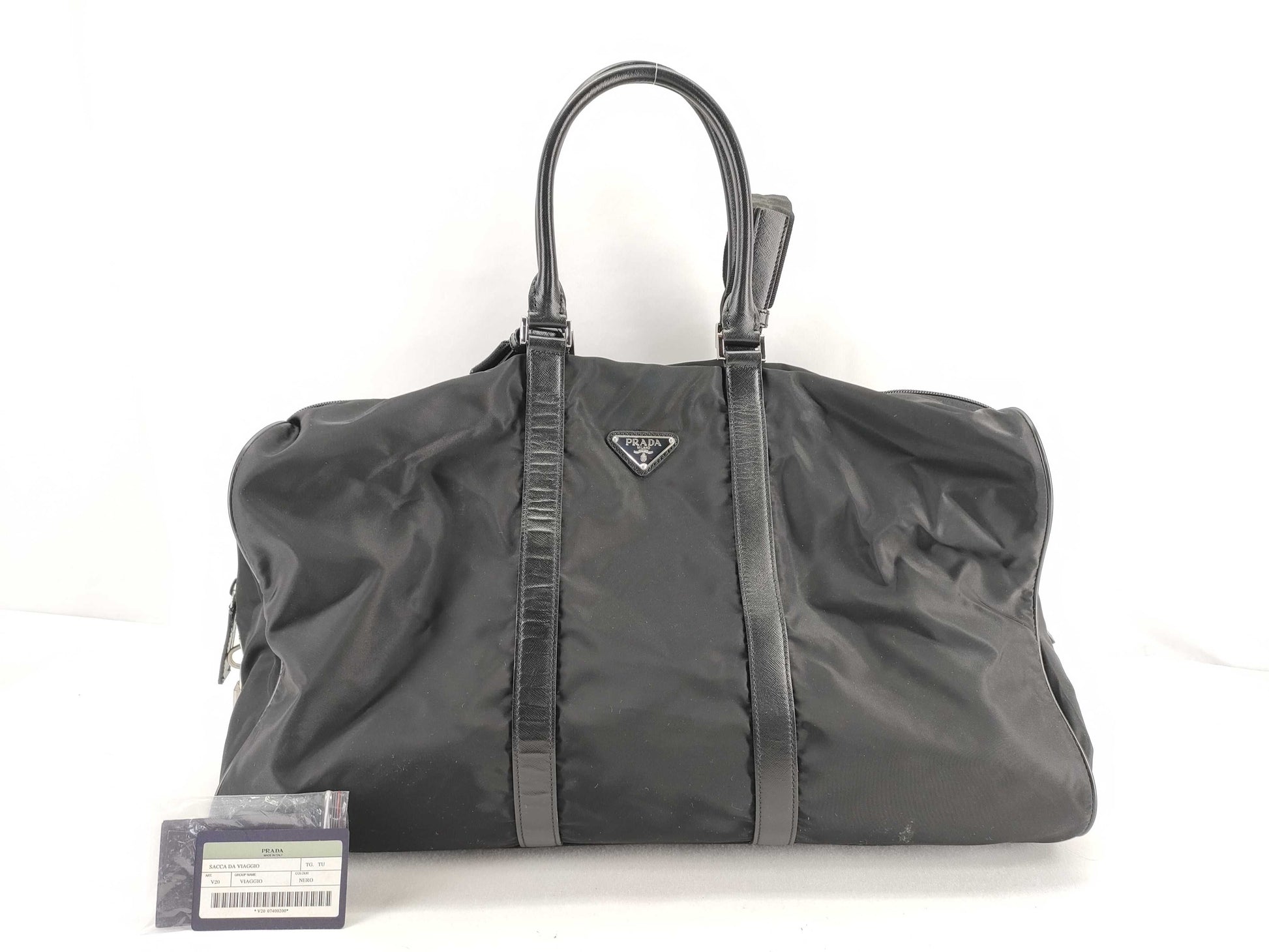 PRADA V20 nylon? 2-way Boston bag with leather triangular plate, black, name tag and padlock.
