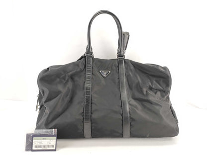 PRADA V20 nylon? 2-way Boston bag with leather triangular plate, black, name tag and padlock.